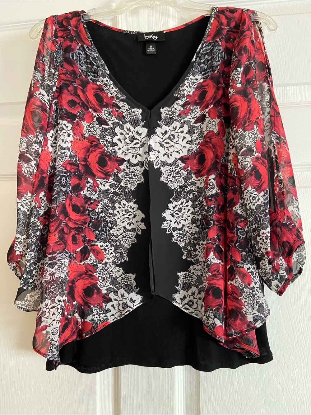 by & by Red and Black Floral Lace-Effect V-Neck Blouse